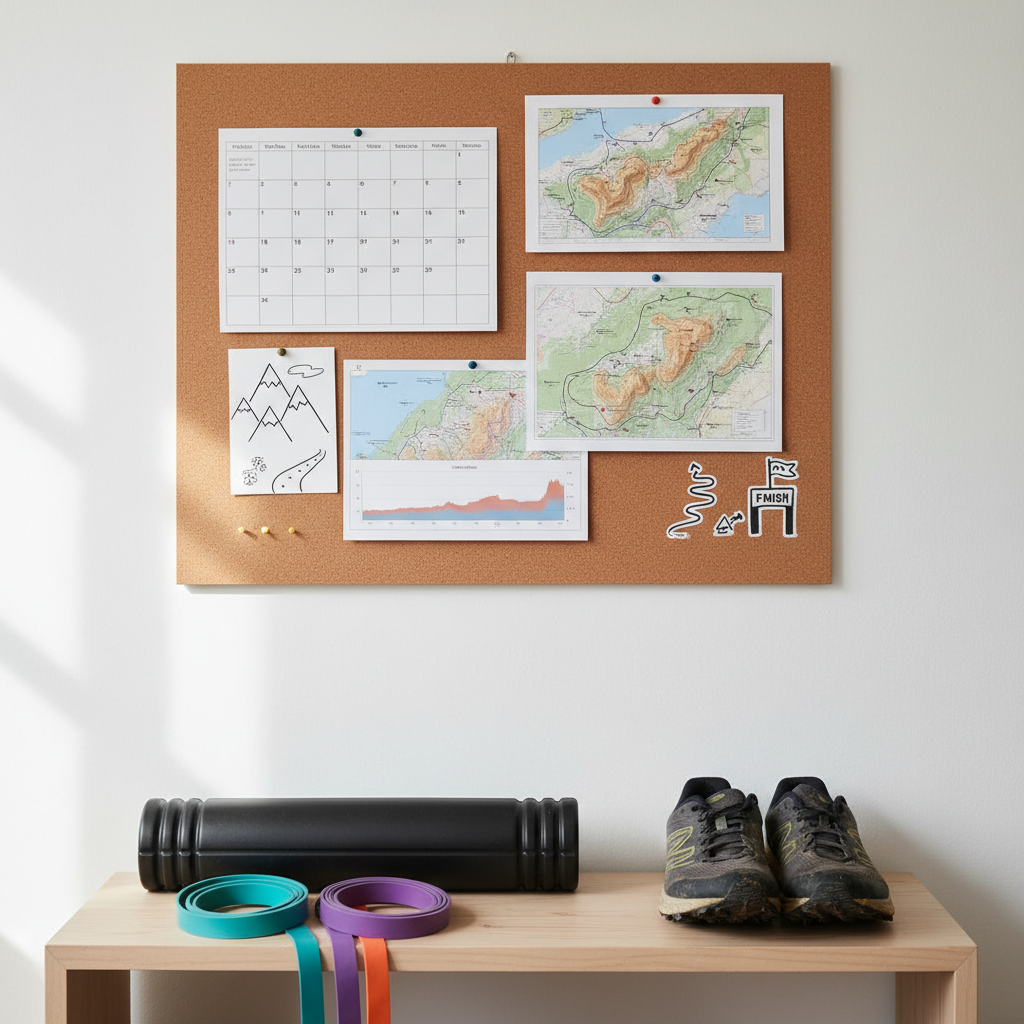 A minimalist home running corner with a sleek foam roller, colorful resistance bands, and a neatly stacked set of trail running shoes arranged on a low wooden shelf. A large corkboard hangs above, pinned with printed training plans, elevation profiles, and tiny motivational doodles of mountains and finish lines. Soft overcast daylight enters from an unseen window, bathing the scene in even, gentle brightness with almost no harsh shadows. Photographic realism with a playful, organized vibe, captured straight-on with balanced composition and sharp focus throughout, conveying a sense of intentional preparation and personal growth through running and trail exploration.