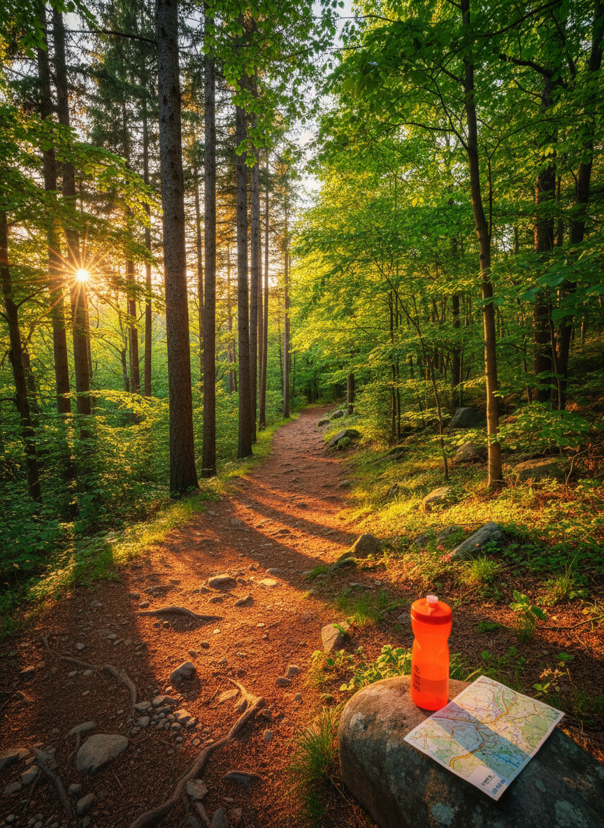 A winding dirt trail curving through a mixed forest of tall pines and bright green deciduous trees, the path dotted with small rocks, roots, and playful splashes of sunlight filtering through the canopy. In the foreground, a bright orange soft-flask running bottle and a folded trail map lie on a smooth rock at the trail’s edge. The warm golden hour light creates long, dynamic shadows and a glowing rim of light around leaves and stones. Photographic realism with vibrant, saturated colors, shot at eye level using the rule of thirds, giving a sense of anticipation and freedom, as if the trail is inviting the viewer to start an adventurous run.